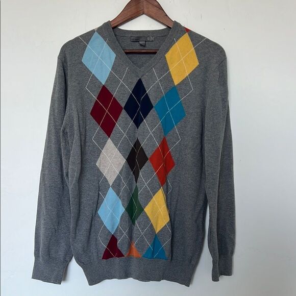 Old Navy Argyle V-Neck Sweater Gray Multicolor Men's Size Large 100% Cotton - Picture 1 of 4